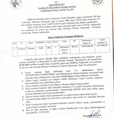 Taşınmaz Mal Satış İlanı